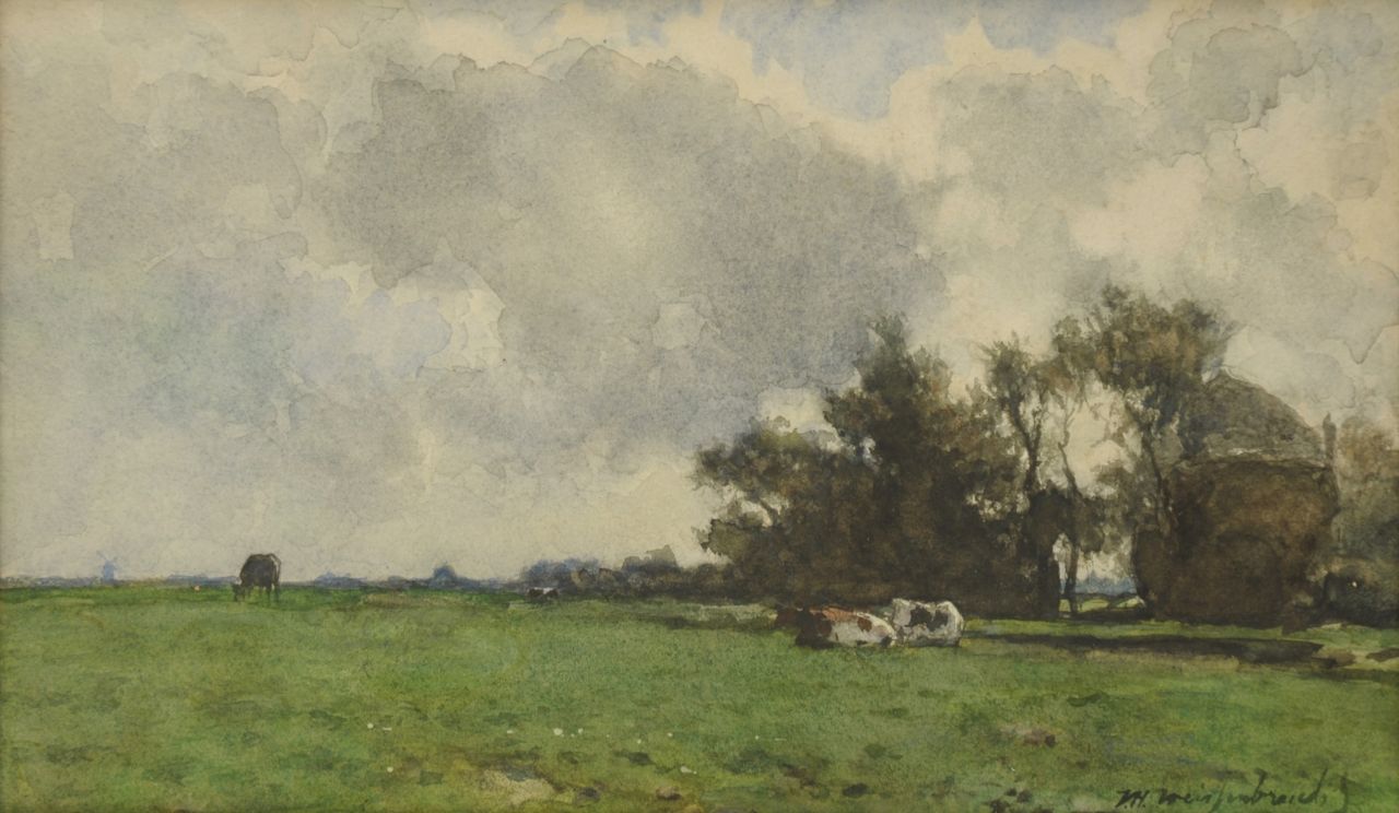 Weissenbruch H.J.  | Hendrik Johannes 'J.H.' Weissenbruch, Cows resting in a meadow near a haystack, Aquarell und Gouache auf Papier 22,3 x 36,8 cm, signed l.r.