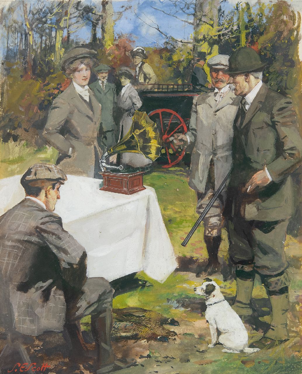 Scott S.E. | Septimus Edwin Scott, Der Plattenspieler von His Master's Voice, Aquarell und Gouache auf Malerholzfaser 32,2 x 25,0 cm, Unterzeichnet l.u. Scott S.E. | Septimus Edwin Scott, Der Plattenspieler von His Master's Voice, Aquarell und Gouache auf Malerholzfaser 32,2 x 25,0 cm, Unterzeichnet l.u.
