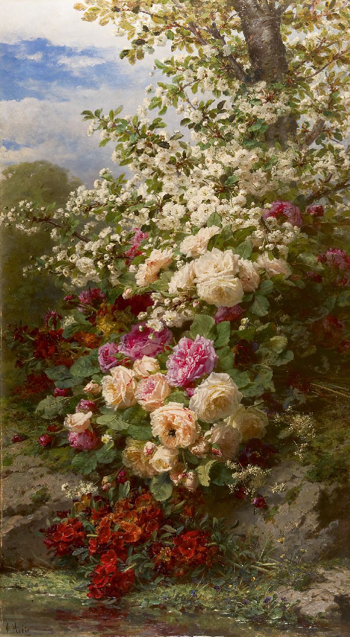 Robie J.B.  | Jean-Baptiste Robie, A flower still life with roses, Öl auf Holz 135,1 x 75,6 cm, signed l.l.