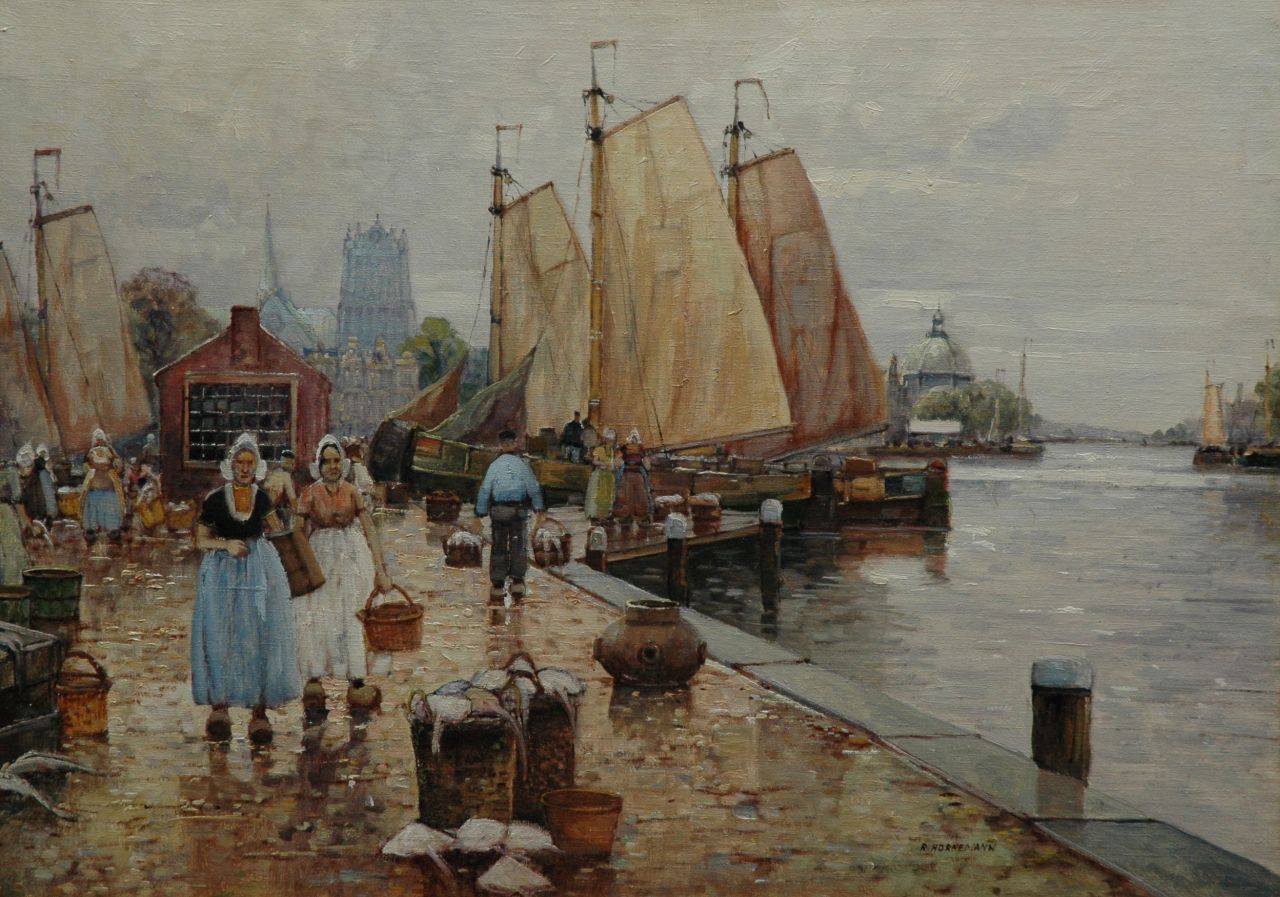 Hornemann R.  | Hornemann, A quay with moored sailing ships, Öl auf Leinwand 50,7 x 70,6 cm, signed l.r.