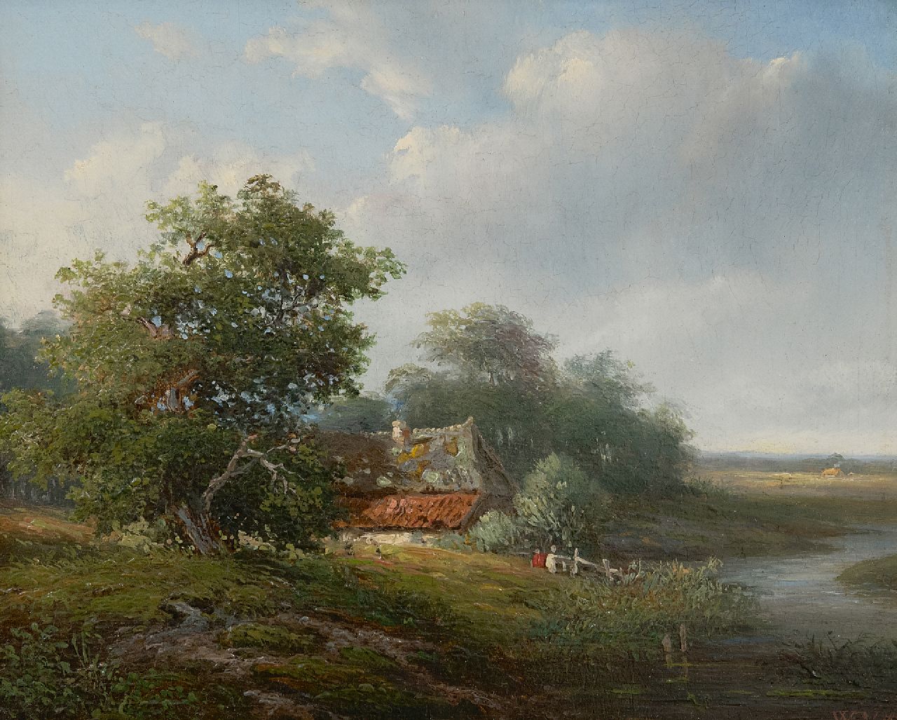 Vester W.  | Willem Vester | Gemälde zum Verkauf angeboten | Sommerlandschaft mit Bauernhof, Öl auf Tafel 22,0 x 27,3 cm, Unterzeichnet r.u. mit Initialen und datiert 1850