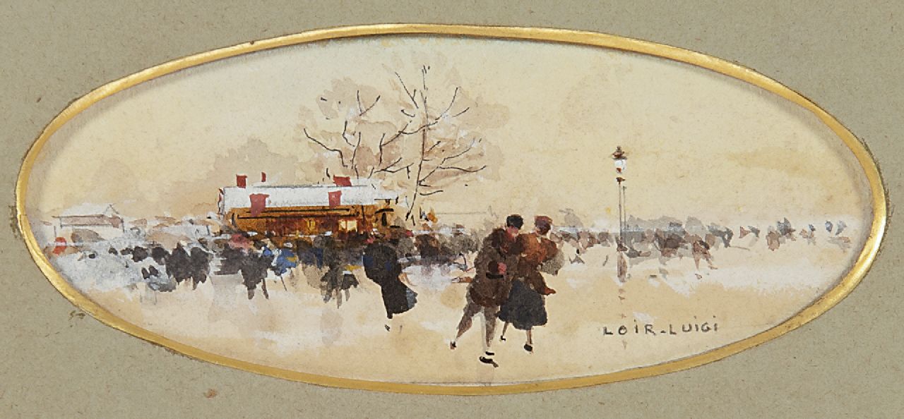 Loir A.F.J.  | Aloys François Joseph 'Luigi' Loir, Ice scaters in Bois de Boulogne, Bleistift, Tinte, Aquarell und Gouache auf Papier 3,8 x 9,3 cm, signed l.r.