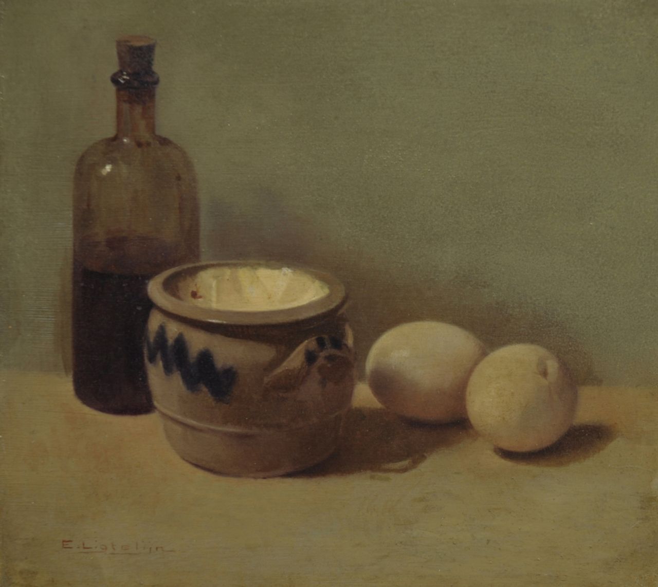 Ligtelijn E.J.  | Evert Jan Ligtelijn, A still life with eggs, Öl auf Holz 23,2 x 25,9 cm, signed l.l.