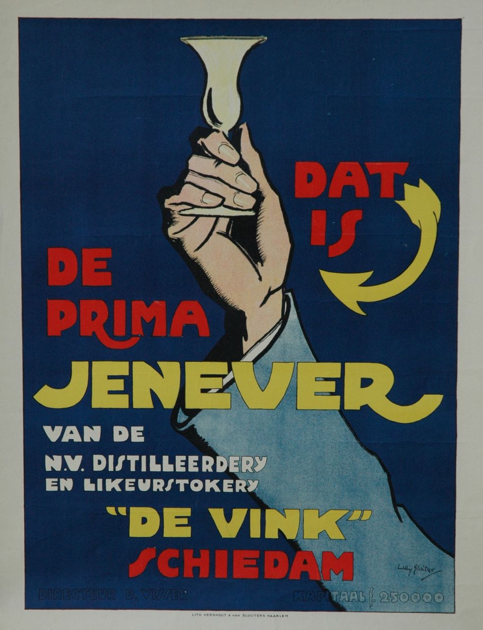Sluiter J.W.  | Jan Willem 'Willy' Sluiter, Poster 'Dat is de prima Jenever van 'De Vink' Schiedam', Farbsteindruck auf Poster 45,5 x 58,0 cm, signed l.r. on the stone