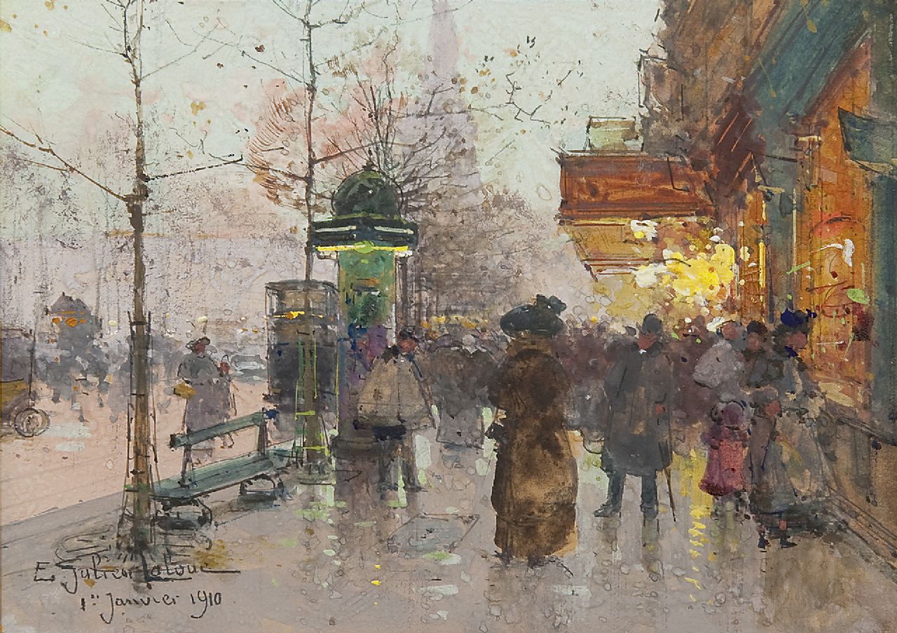 Galien-Laloue E.  | Eugène Galien-Laloue, A Grand Boulevard in Paris on Newyear's Day, Aquarell und Gouache auf Papier 13,2 x 18,2 cm, signed l.l. und dated 1 Janvier 1910