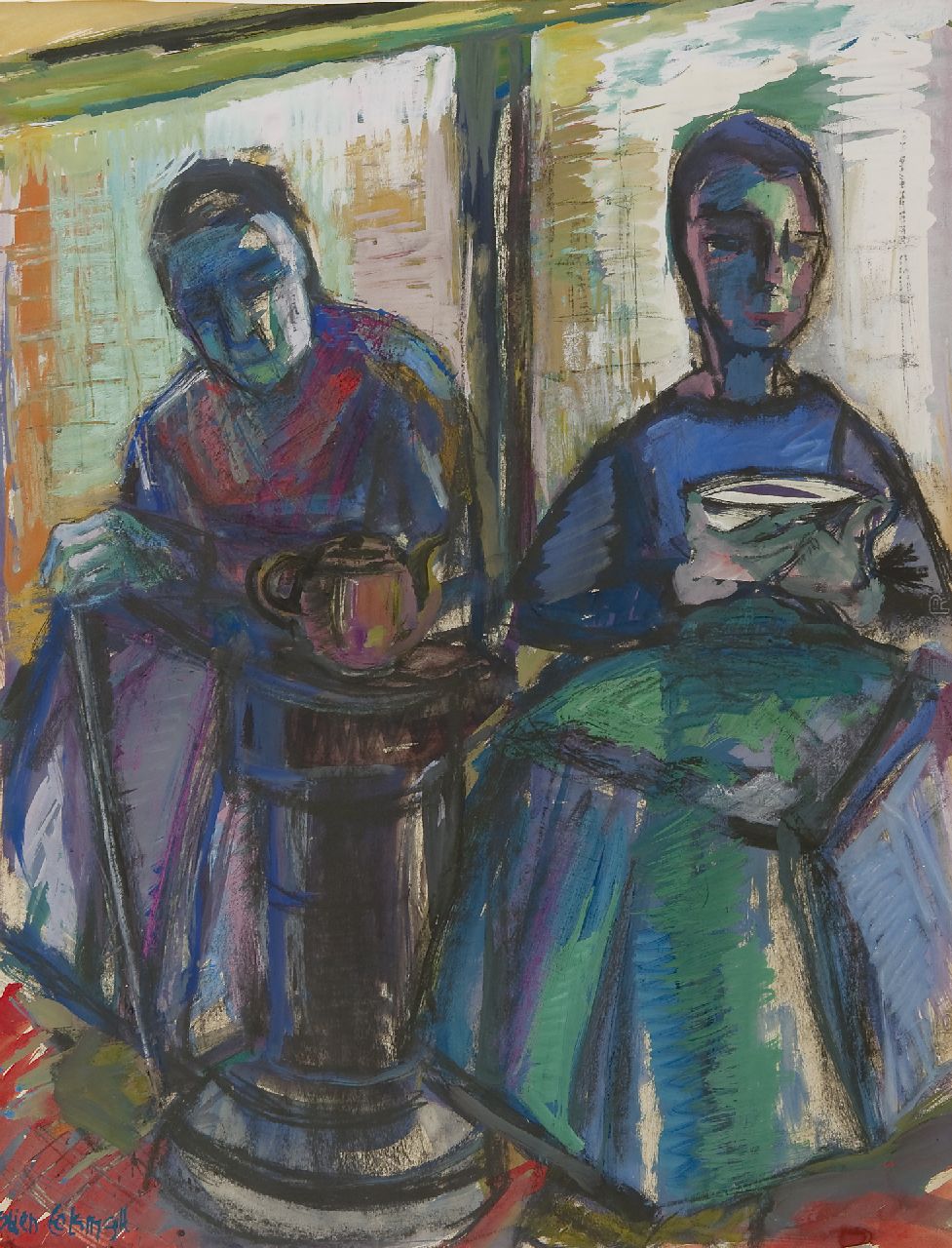 Eelsingh C.  | Christiana 'Stien' Eelsingh, Women near the stove, Staphorst, Schwarze Kreide und Gouache auf Papier 64,3 x 49,2 cm, signed l.l. und painted 1950-1955