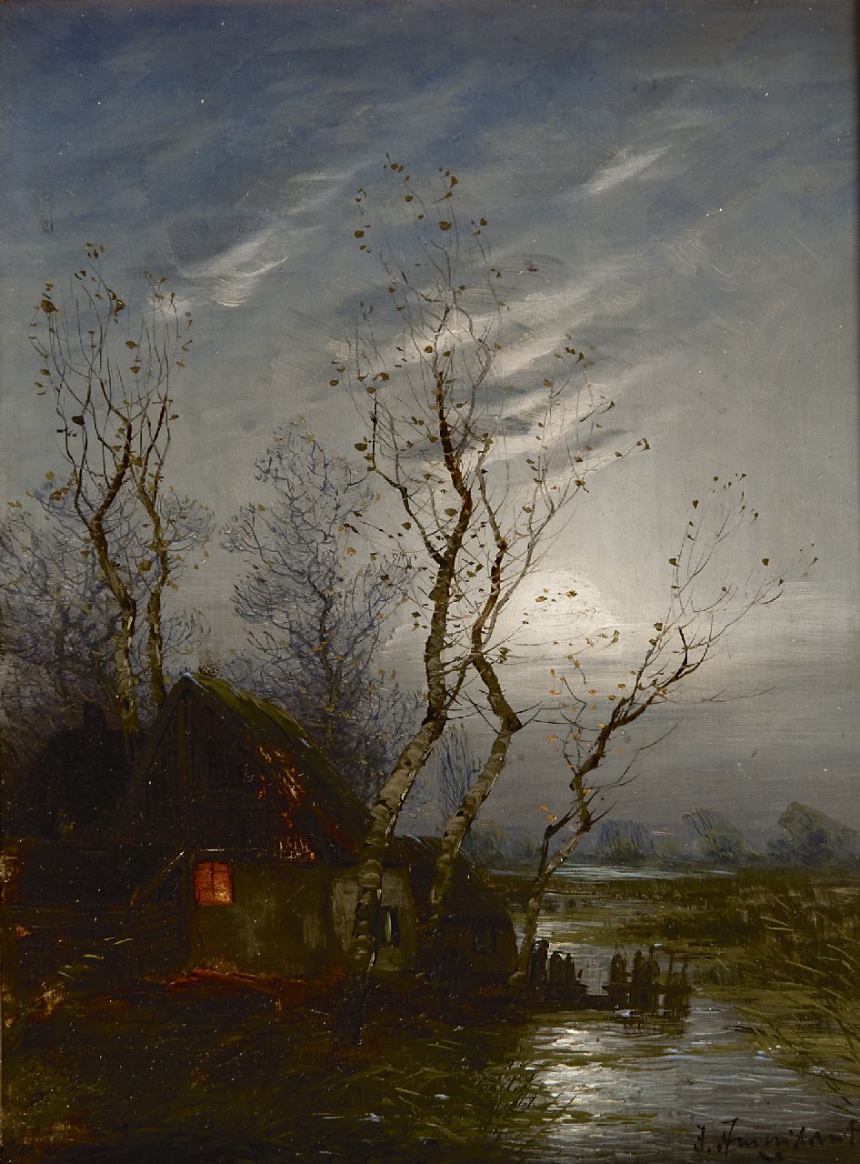 Jungblut J.  | Johann Jungblut, Bauernhof im Polder bei Mondlicht, Öl auf Holz 24,0 x 17,7 cm, Unterzeichnet r.u.