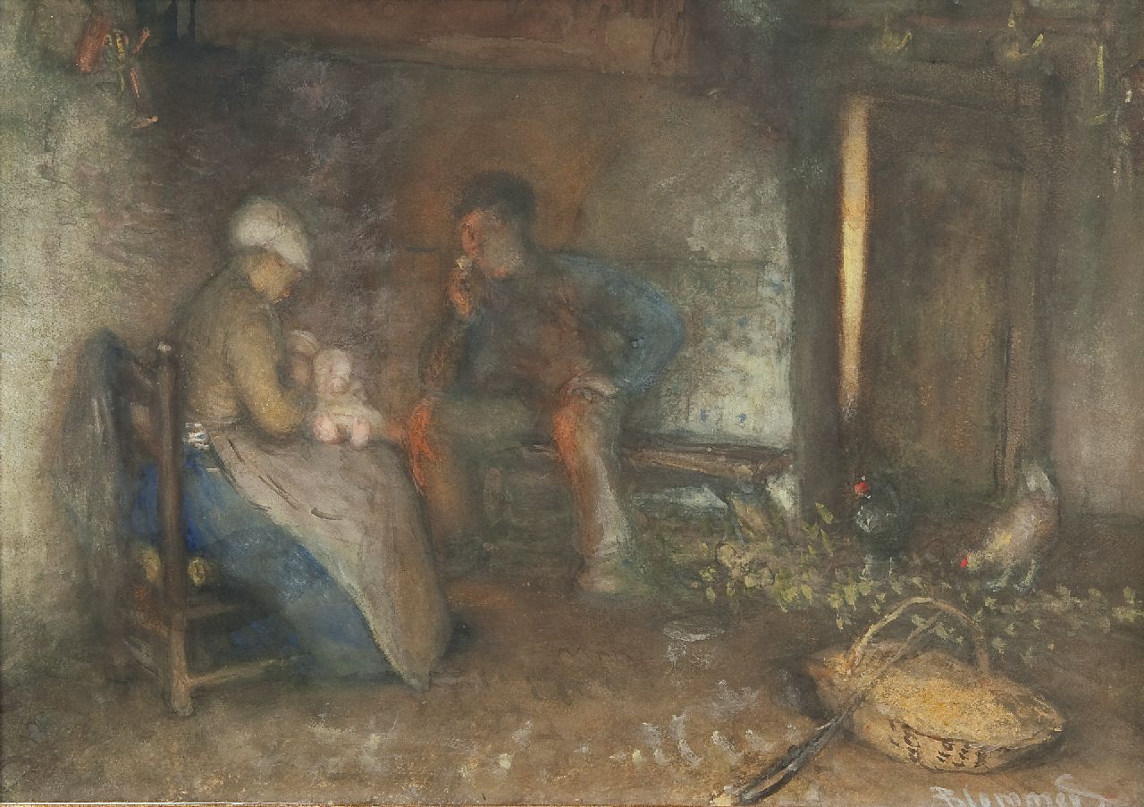 Blommers B.J.  | Bernardus Johannes 'Bernard' Blommers | Aquarelle und Zeichnungen zum Verkauf angeboten | Eine glückliche Bauernfamilie, Heeze, Noord-Brabant, Aquarell auf Papier 34,7 x 49,9 cm, Unterzeichnet u.r.