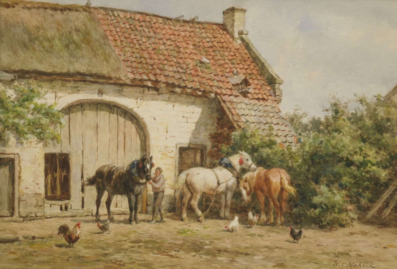 Nakken W.K.  | Willem Karel 'W.C.' Nakken, Harnessing up the horses, Kreide und Aquarell auf Papier 37,5 x 54,5 cm, signed l.r.