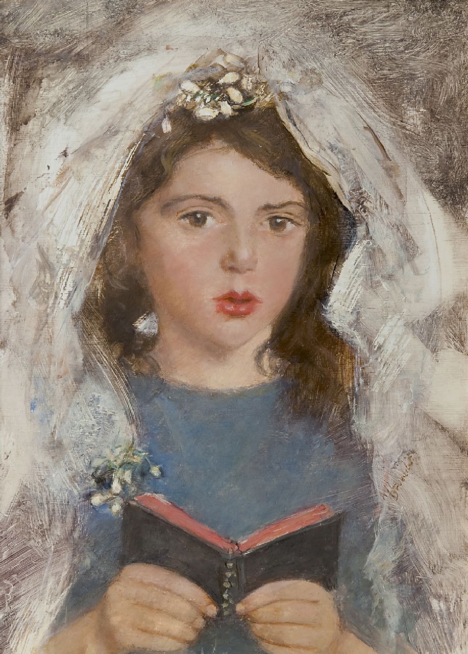 Broedelet A.V.L.  | 'André' Victor Leonard Broedelet, Kommunikantin Emmetje de Leeuw, Öl auf Malereifaser 30,3 x 21,5 cm, Unterzeichnet M.r.