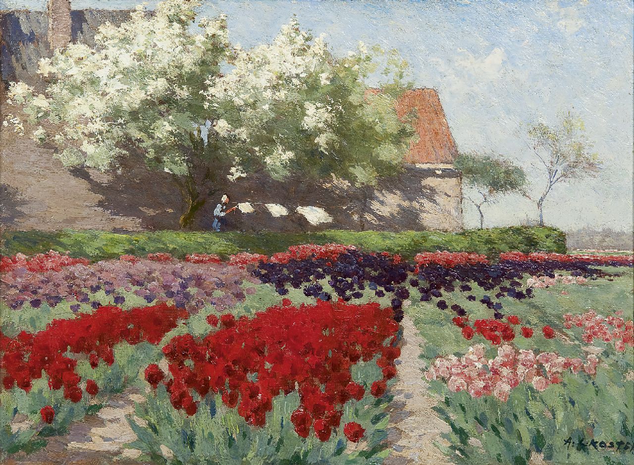 Koster A.L.  | Anton Louis 'Anton L.' Koster, Tulips and fruit trees in bloom, Öl auf Leinwand 32,6 x 43,4 cm, signed l.r.