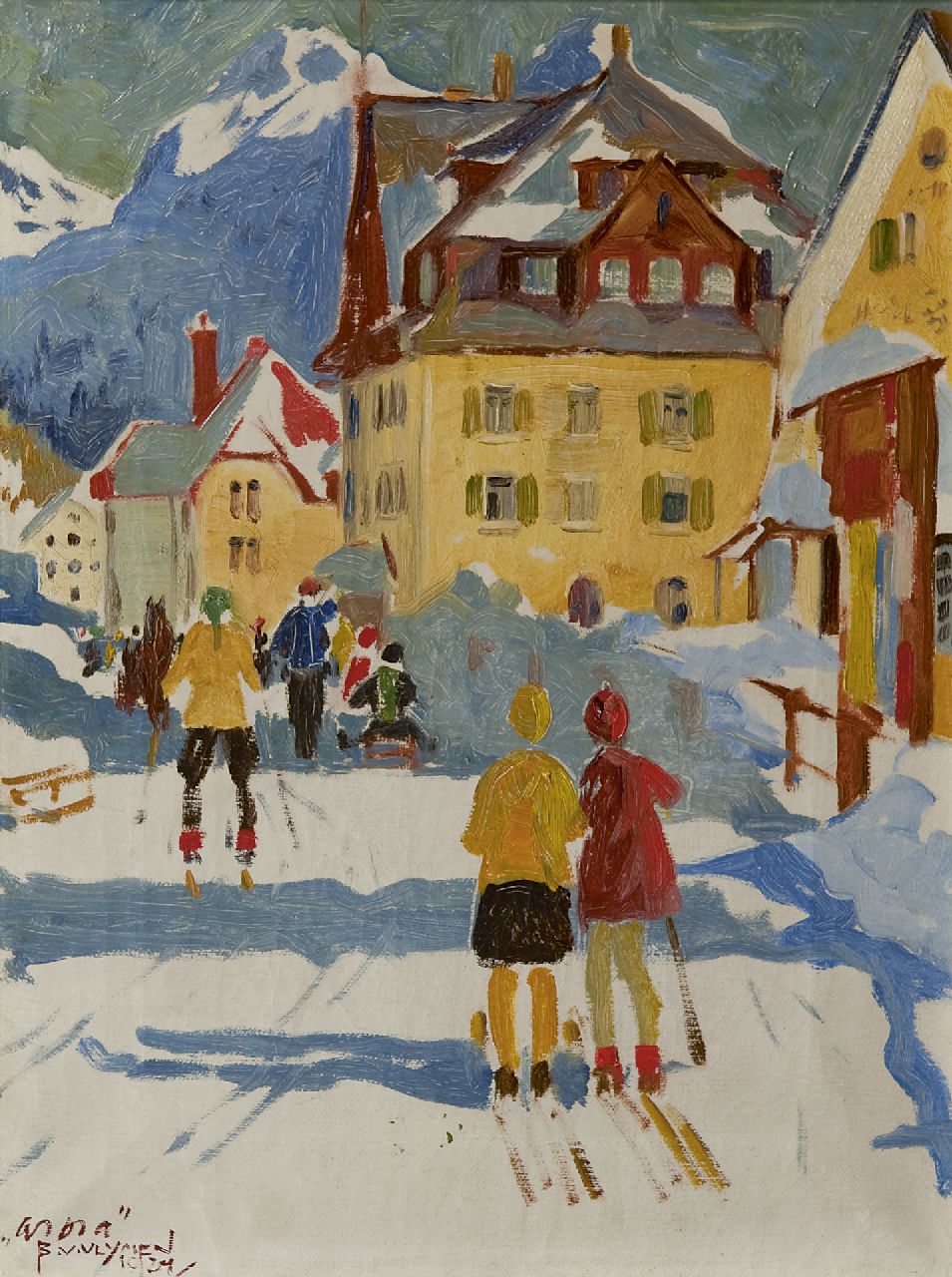 Vlijmen B.A.I.G. van | Bernardus Alphonsus Ignatius Gerardus 'Bernard' van Vlijmen, Skiing in Arosa, Öl auf Leinwand 40,7 x 31,0 cm, signed l.l. und dated 1924