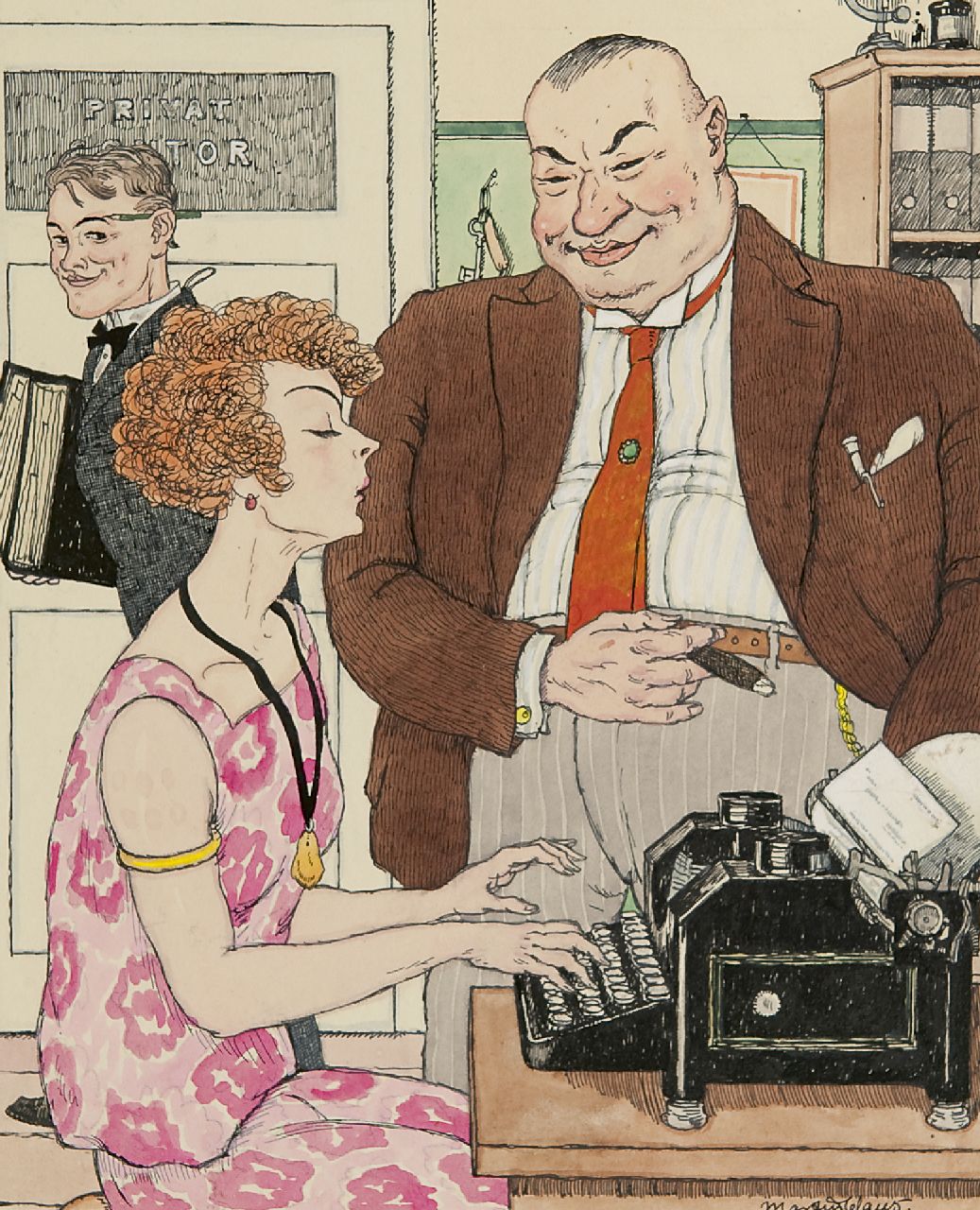 Claus M.  | Martin Claus, Making jokes with the secretary, Feder und Tinte und Aquarell auf Papier 24,1 x 19,2 cm, signed l.r. und painted  1928