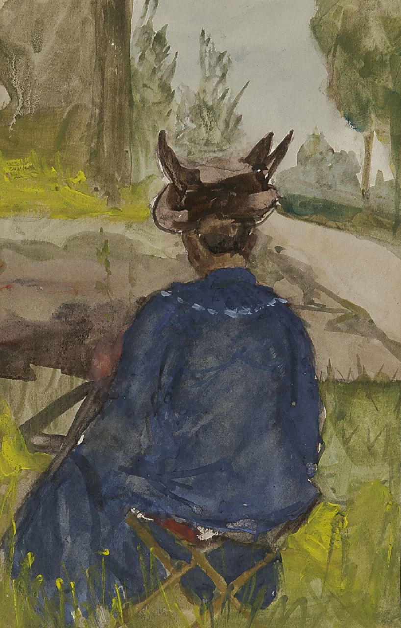 Repelius J.E.  | Johanna Elisabeth 'Betsy' Repelius, Die Malerin Thérèse Schwatze bei der Arbeit, Aquarell auf Papier 22,5 x 14,3 cm