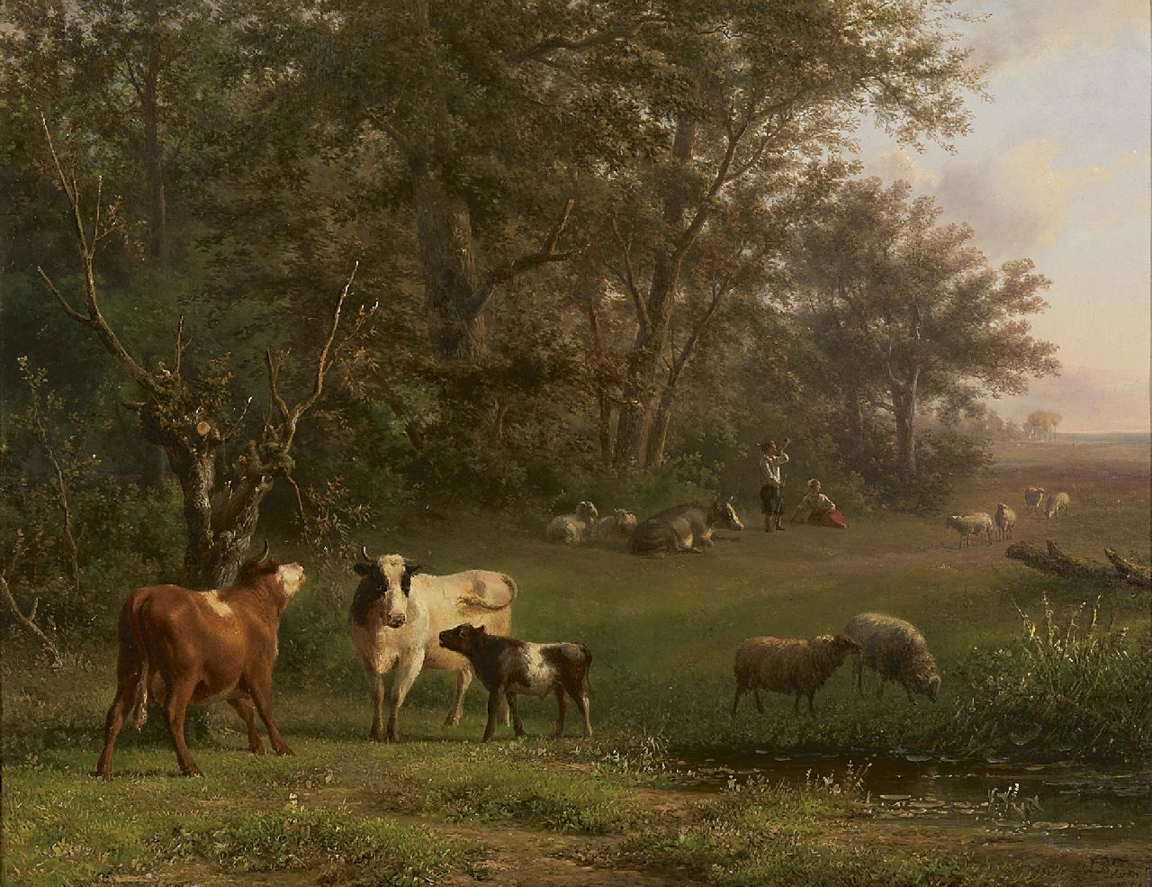 Tom J.B.  | Jan Bedijs Tom, Shepherds with cattle near a stream, Öl auf Holz 41,2 x 52,4 cm, signed l.r. und dated 1858