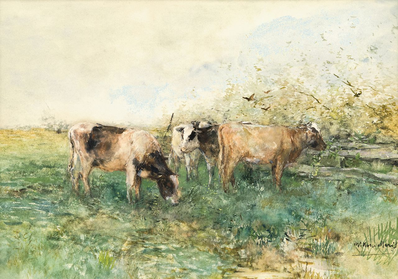 Maris W.  | Willem Maris | Aquarelle und Zeichnungen zum Verkauf angeboten | Weidende Kühe, Aquarell und Gouache auf Papier 41,4 x 57,8 cm, Unterzeichnet r.u.