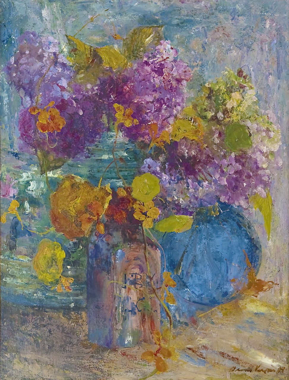 Verster van Wulverhorst (Floris Verster) F.H.  | Floris Hendrik Verster van Wulverhorst (Floris Verster), Flaschen mit Kapuzinerkressen und Hortensien, Öl auf Leinwand 73,7 x 56,5 cm, Unterzeichnet r.u. und datiert '94