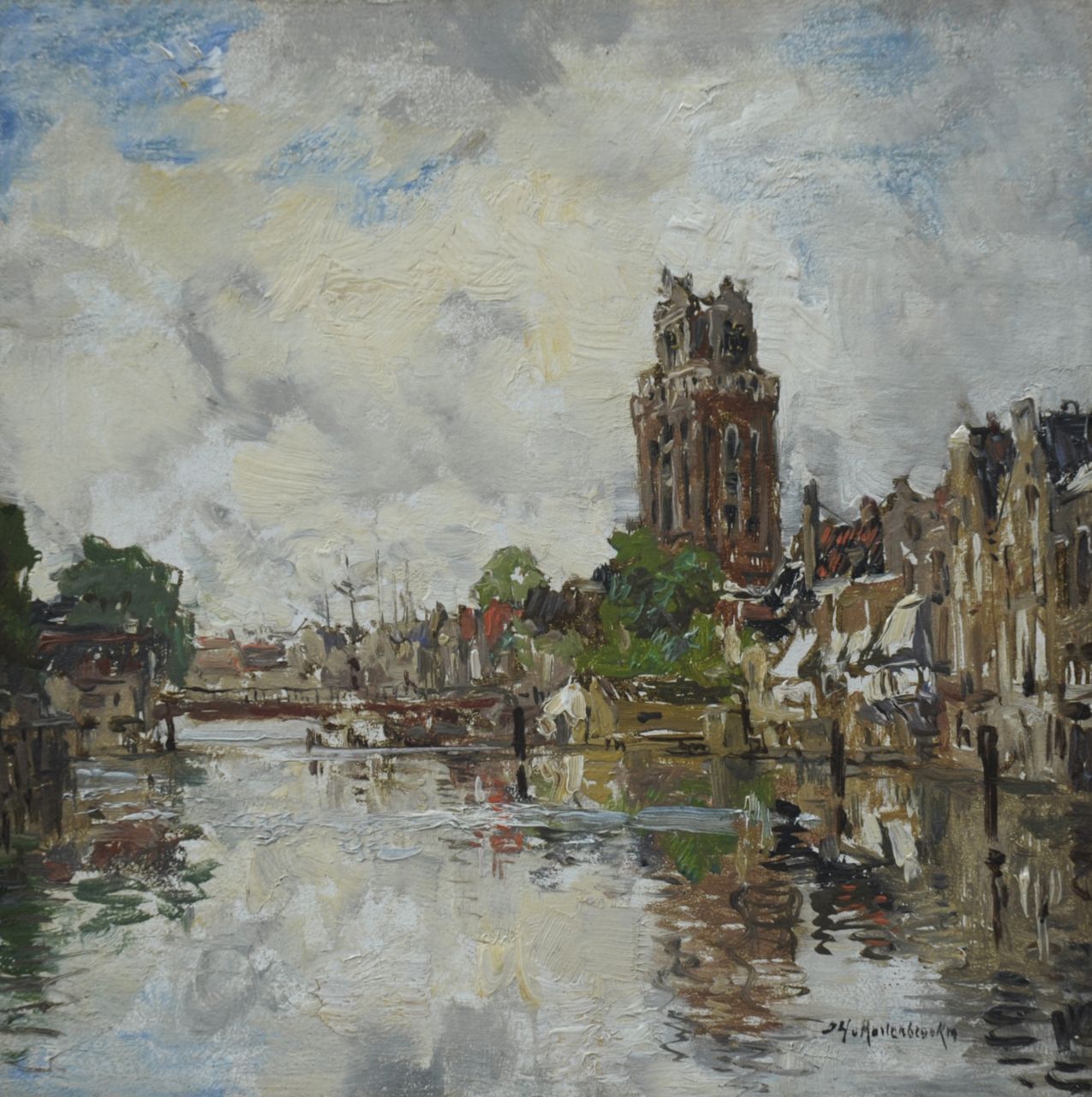 Mastenbroek J.H. van | Johan Hendrik van Mastenbroek, A harbour in Dordrecht with the tower of the Grote Kerk, Öl auf Holz 15,8 x 16,0 cm, signed l.r.