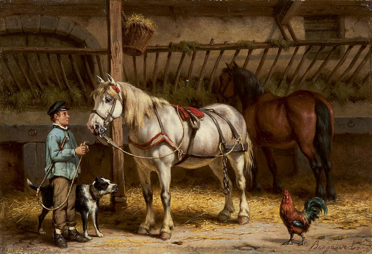 Boogaard W.J.  | Willem Johan Boogaard, A farm hand with a horse, Öl auf Holz 17,2 x 24,8 cm, signed l.r.