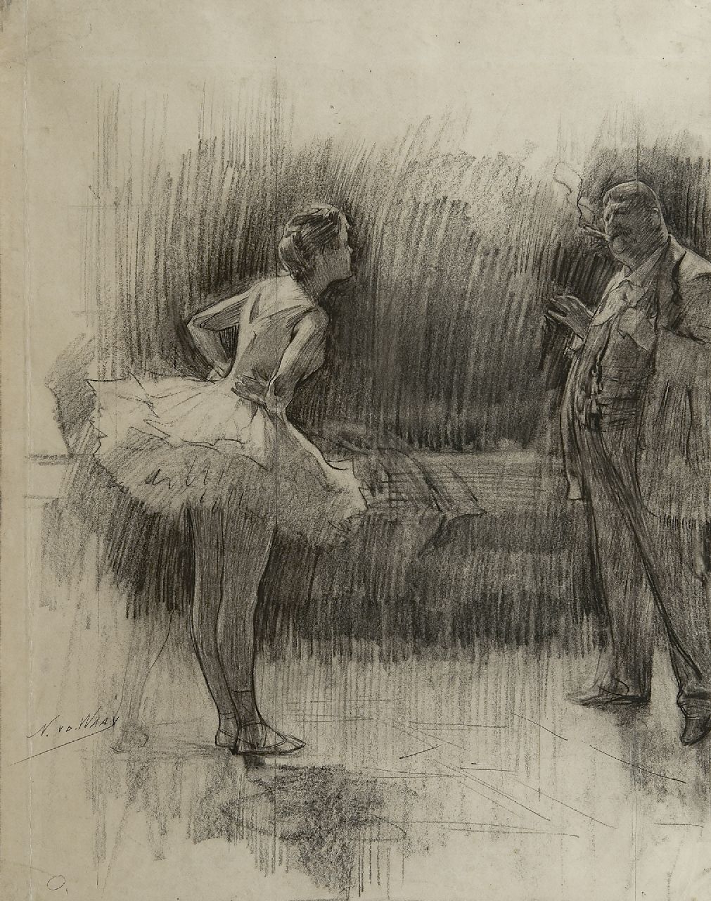 Waay N. van der | Nicolaas van der Waay, Die widerspenstige Ballerina, Schwarze Kreide auf Papier 54,7 x 42,5 cm, Unterzeichnet l.u.