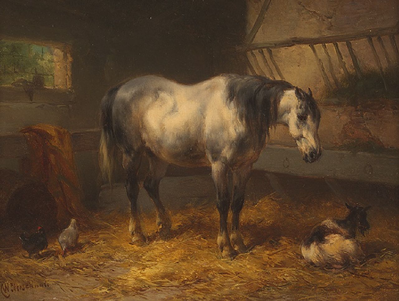 Verschuur W.  | Wouterus Verschuur, Ruhendes Pferd in einem Stall, Öl auf Holz 15,1 x 20,5 cm, Unterzeichnet l.u.