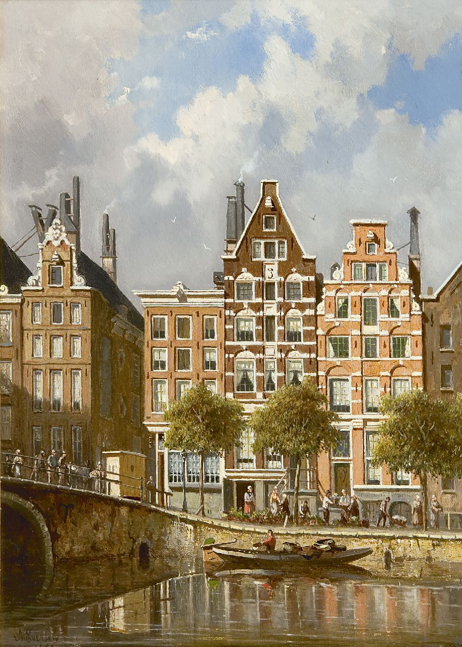 Eversen A.  | Adrianus Eversen, Blick auf die Nieuwezijds Voorburgwal, Amsterdam, Öl auf Holz 37,3 x 26,6 cm, Unterzeichnet l.u. und datiert 1882