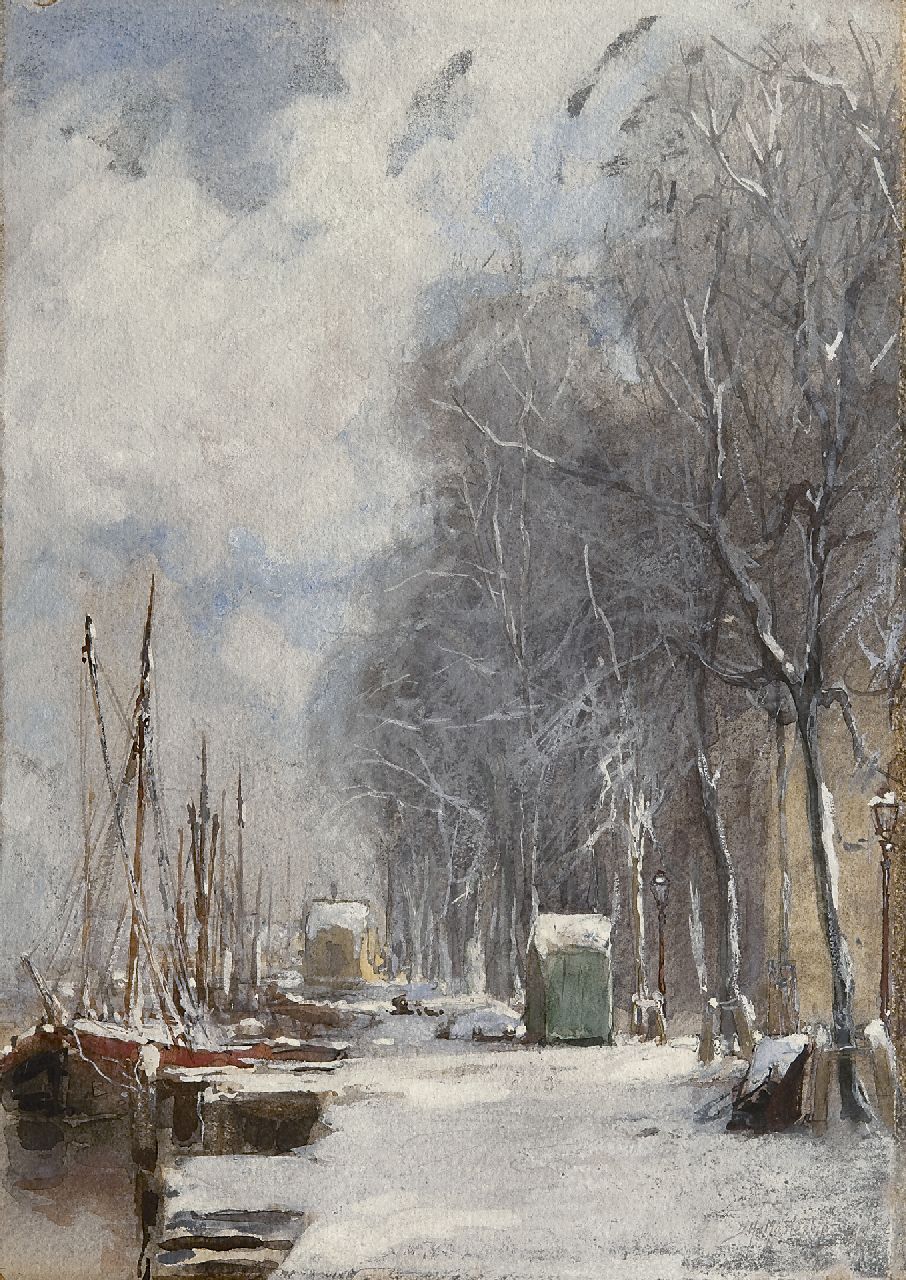 Mastenbroek J.H. van | Johan Hendrik van Mastenbroek, The Wijnhaven, Rotterdam, in winter, Aquarell und Gouache auf Papier 34,0 x 23,9 cm, signed l.r.