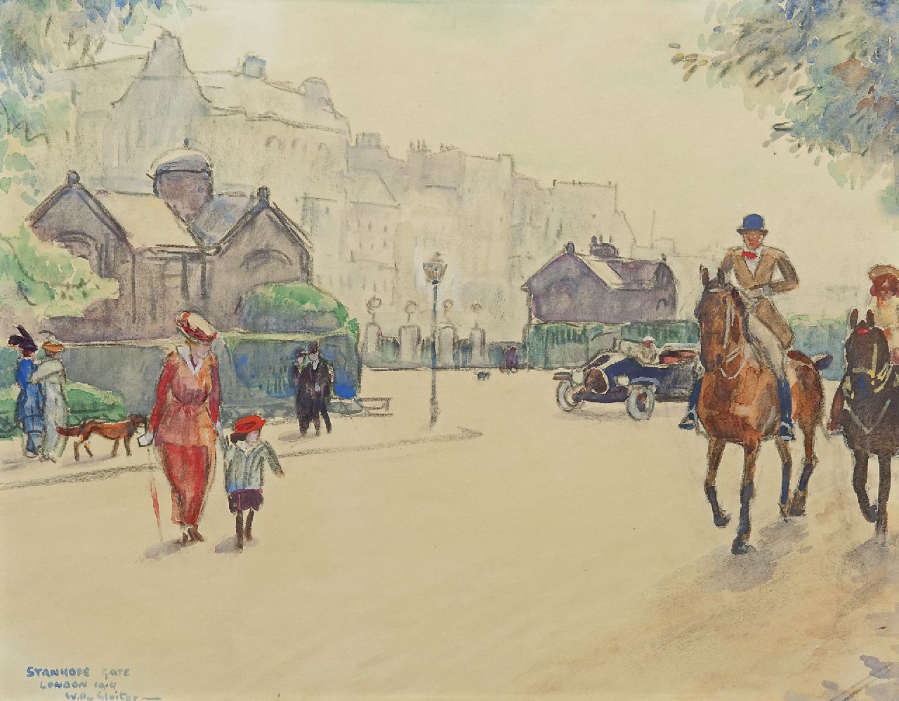 Sluiter J.W.  | Jan Willem 'Willy' Sluiter, Stanhope gate, London, Kreide und Aquarell auf Papier 35,5 x 46,0 cm, signed l.l. und dated 1914