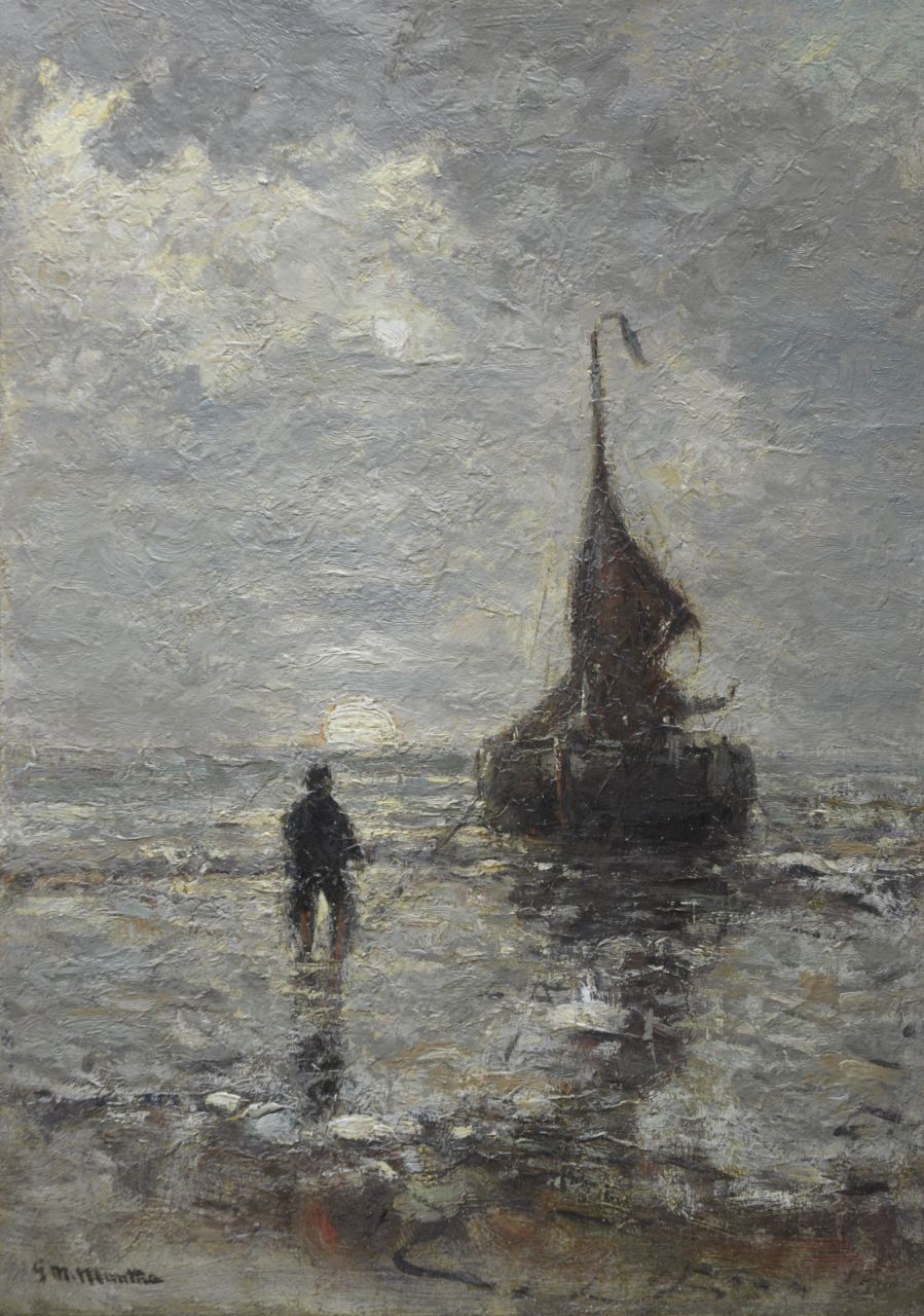 Munthe G.A.L.  | Gerhard Arij Ludwig 'Morgenstjerne' Munthe, Fishing barge at anchor in the surf, Öl auf Leinwand 52,2 x 37,3 cm, signed l.l. und painted ca. 1875
