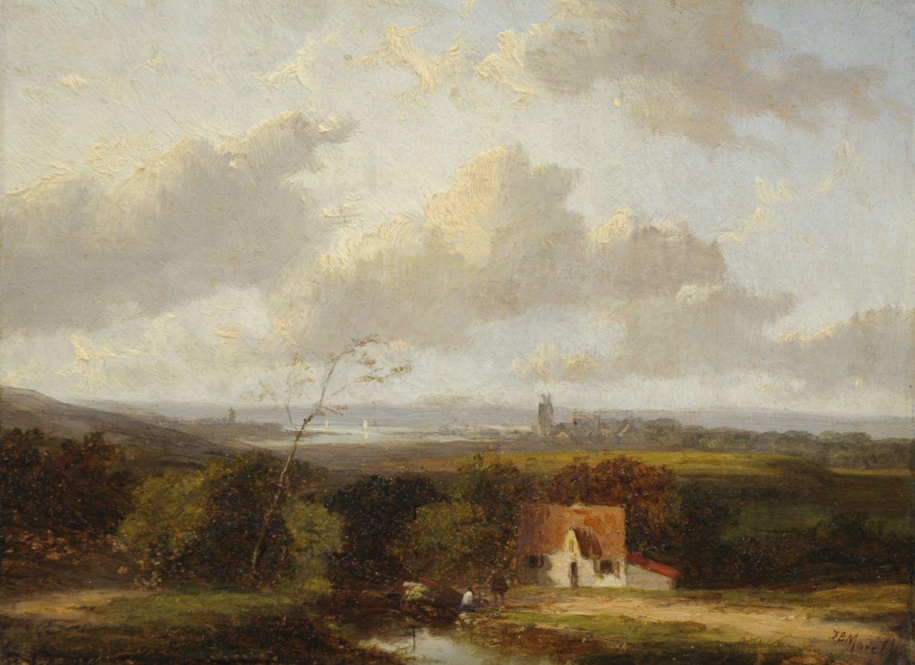 Morel II J.E.  | Jan Evert Morel II, Panoramic landscape with resting land folk, Öl auf Holz 15,2 x 20,7 cm, signed l.r.