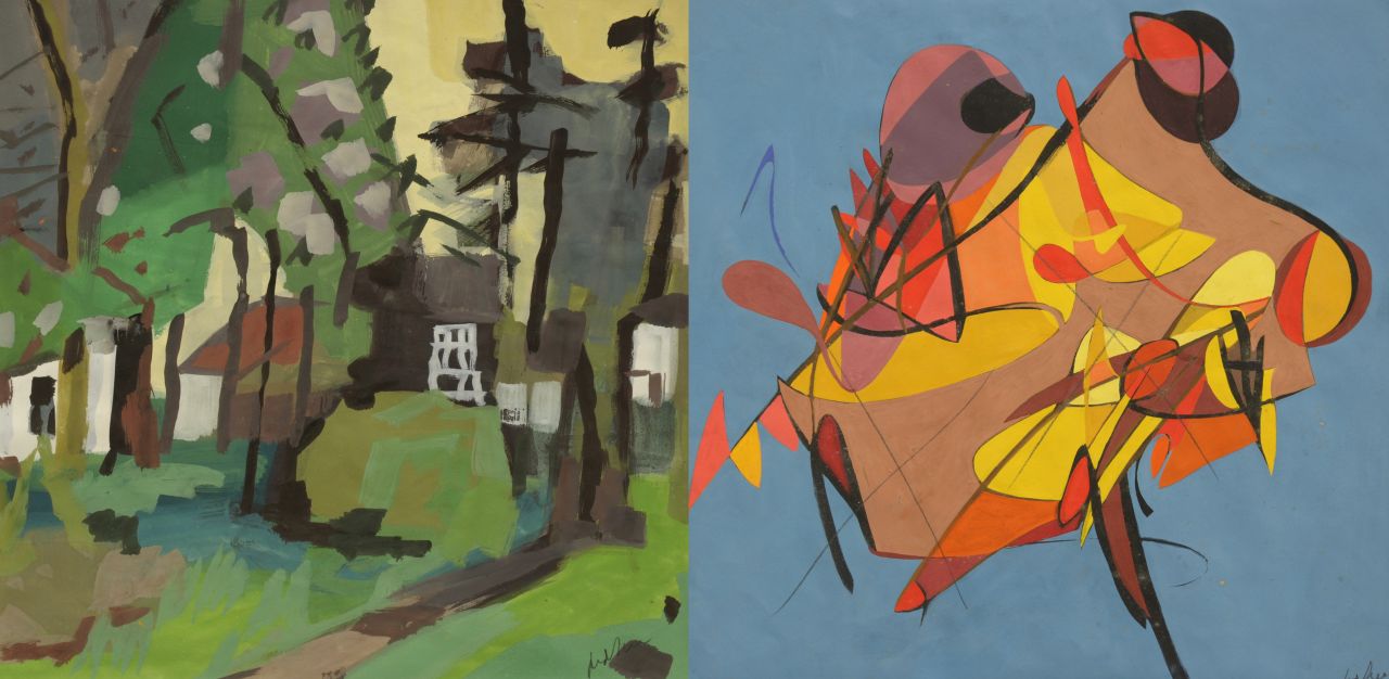 Zee J. van der | Jan van der Zee, A yard with trees; verso: Composition, Aquarell und Gouache auf Papier 56,0 x 56,0 cm, signed l.r. recto and verso und painted in the 1950's, verso ca. 1965-1968
