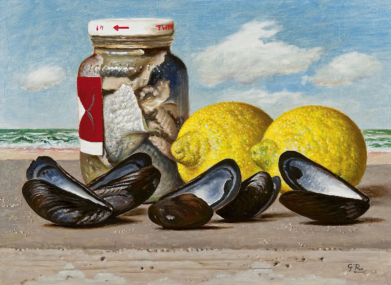 Röling G.V.A.  | Gerard Victor Alphons 'Gé' Röling, A still life with mussels, lemons and pickled herring, Öl auf Holzfaser 21,9 x 29,7 cm, signed l.r. with initials and in full on the reverse und dated '66 on the reverse