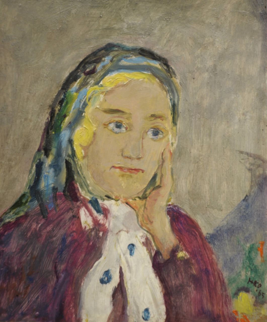 Kamerlingh Onnes H.H.  | 'Harm' Henrick Kamerlingh Onnes, A woman wearing a scarf, Öl auf Holzfaser 27,2 x 22,7 cm, signed l.r. with monogram und dated '65