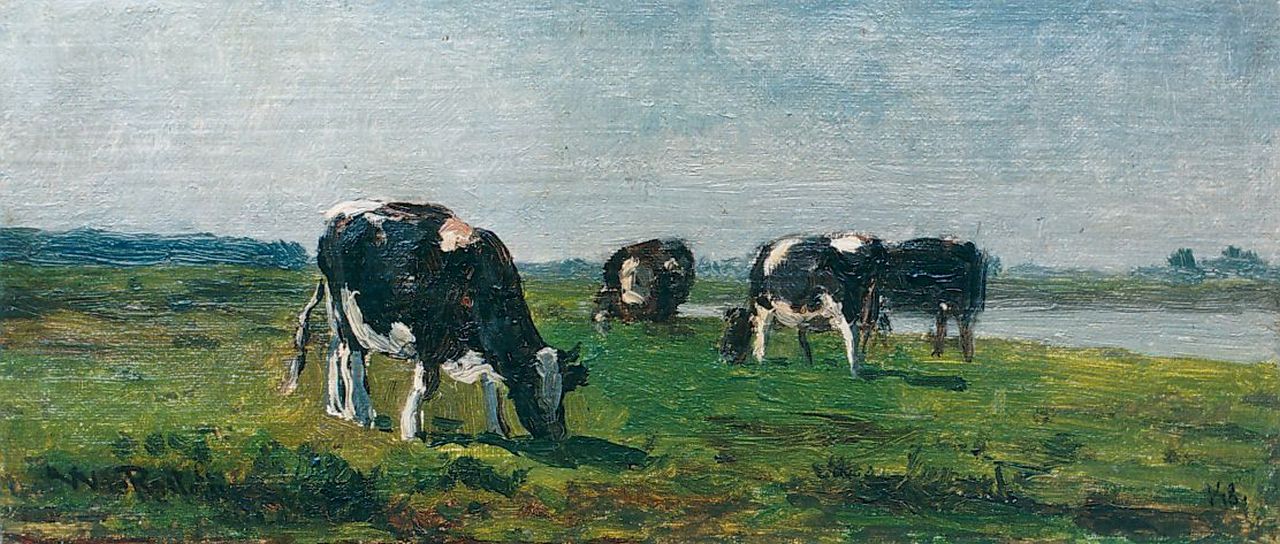 Roelofs W.  | Willem Roelofs, Cows grazing, the river Lek in the distance, Öl auf Holz 12,4 x 27,5 cm, signed l.l.