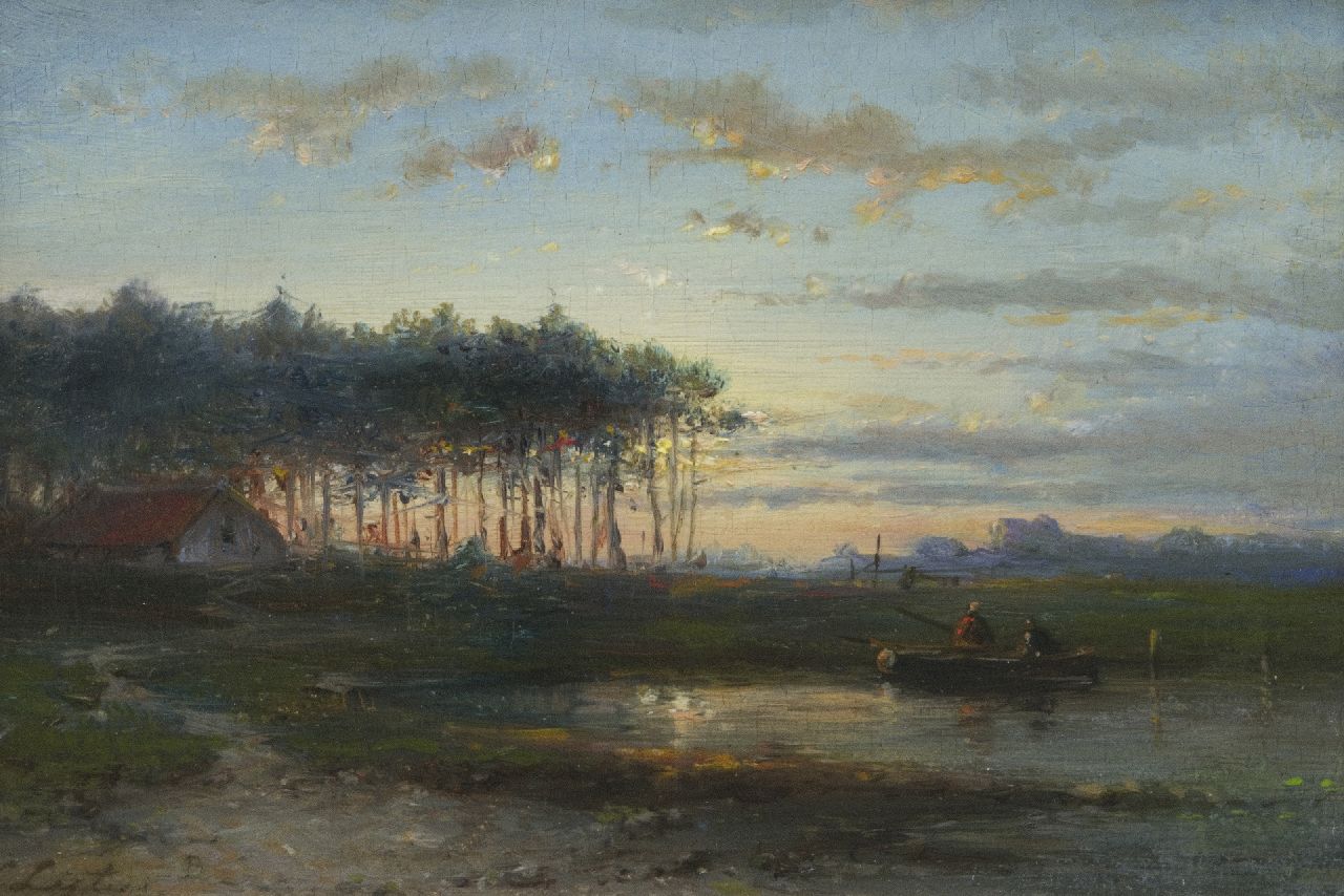 Lieste C.  | Cornelis Lieste, Abendlandschaft mit Fischern in einem Boot, Öl auf Holz 13,1 x 18,7 cm, Unterzeichnet l.u.