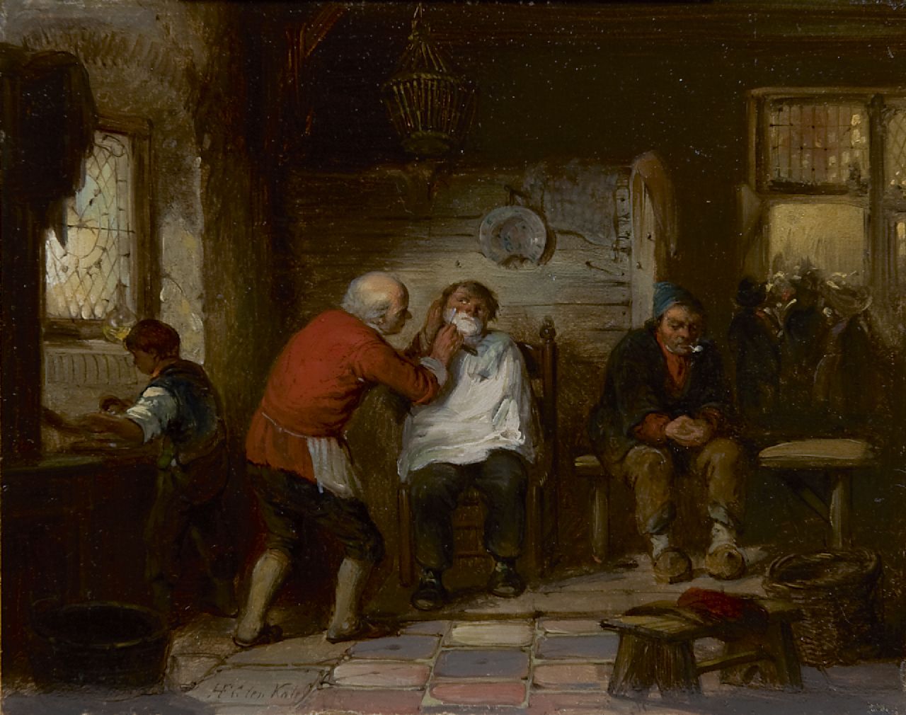 Kate H.F.C. ten | 'Herman' Frederik Carel ten Kate, At the barbershop, Öl auf Holz 16,8 x 21,1 cm, signed l.l.