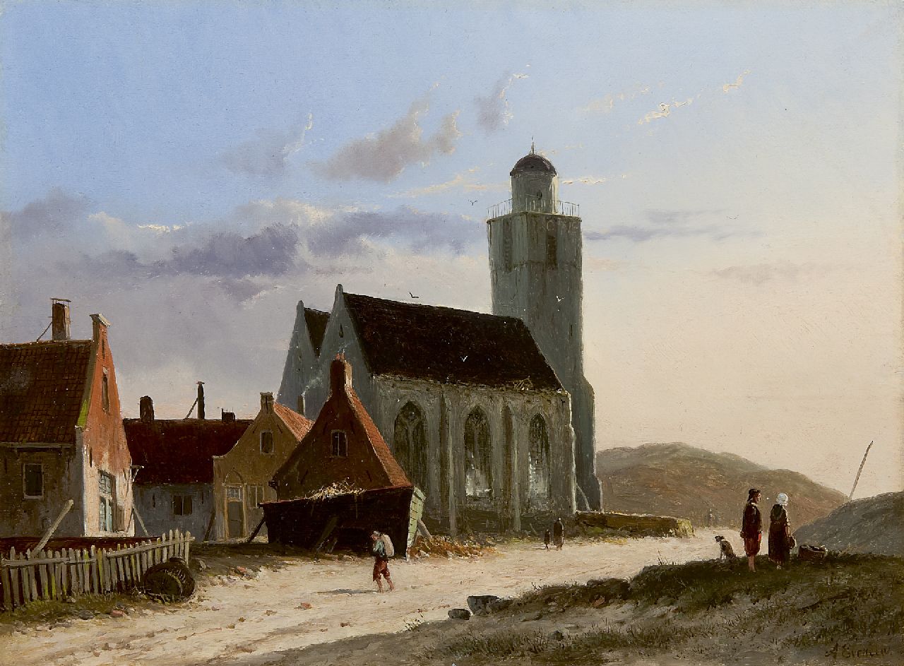 Eversen A.  | Adrianus Eversen, A view of the Oude Kerk, Katwijk, Öl auf Holz 23,8 x 31,9 cm, signed l.r.