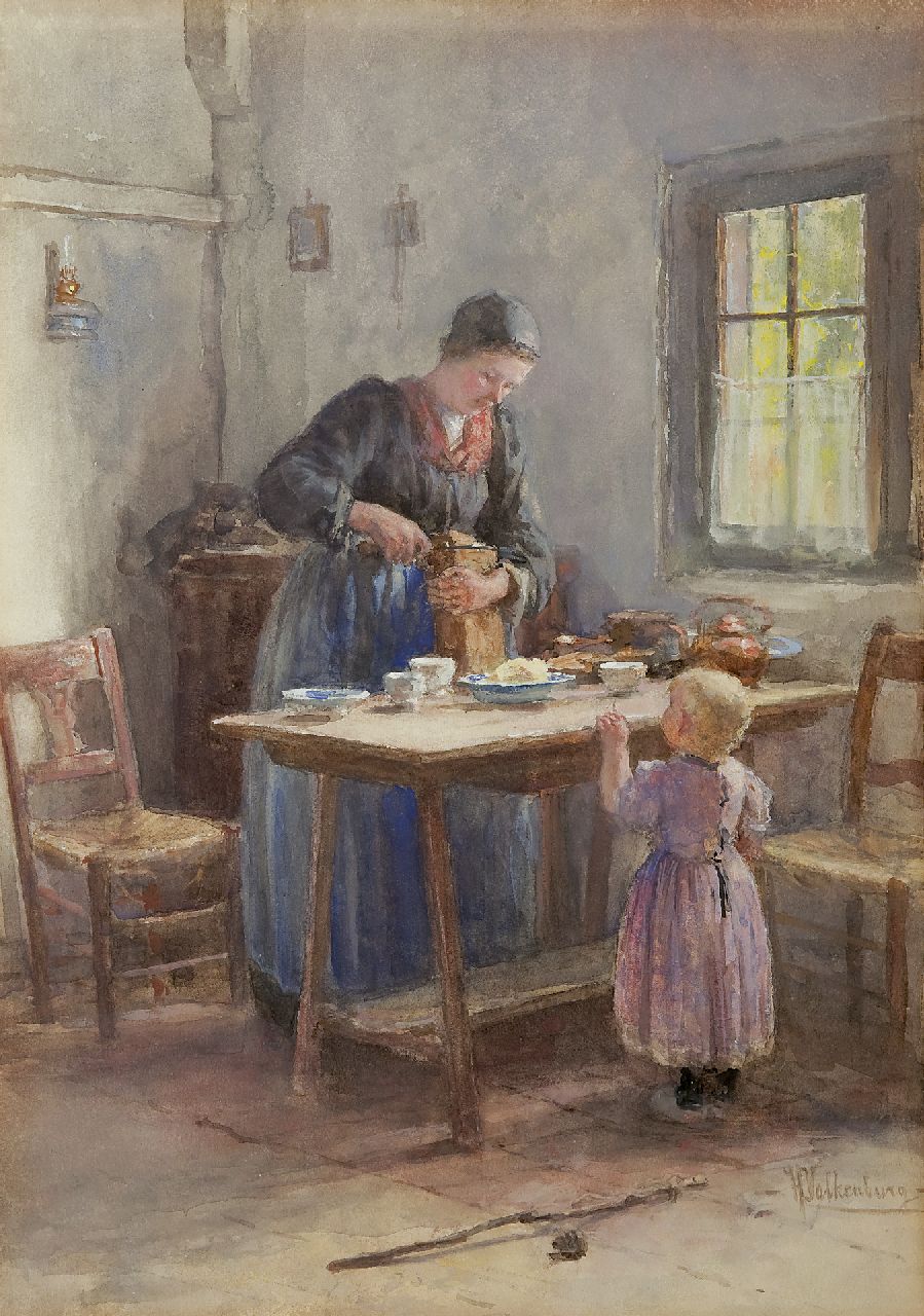 Valkenburg H.  | Hendrik Valkenburg, An interior with mother and child, Aquarell auf Papier 55,5 x 39,0 cm, signed l.r.