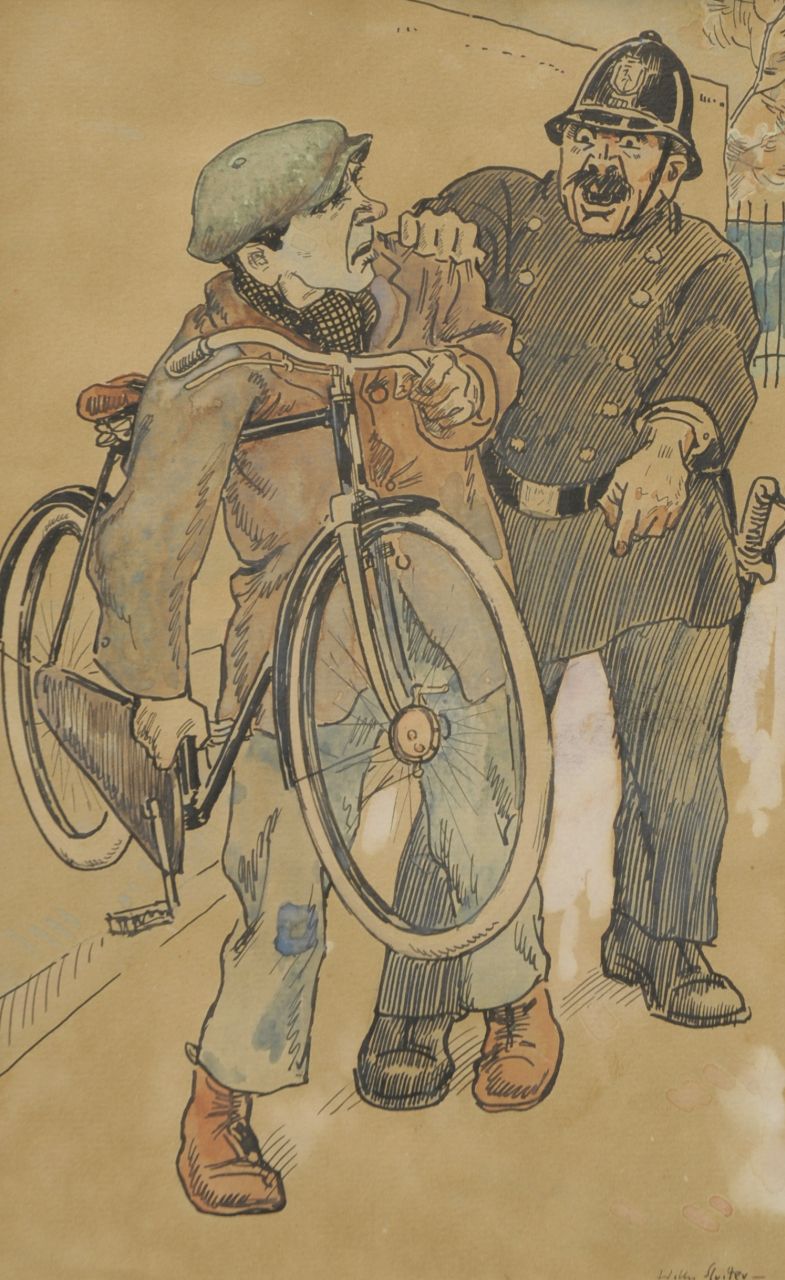 Sluiter J.W.  | Jan Willem 'Willy' Sluiter, The bicycle thief, Tinte und Aquarell auf Papier 17,2 x 27,6 cm, signed l.r.