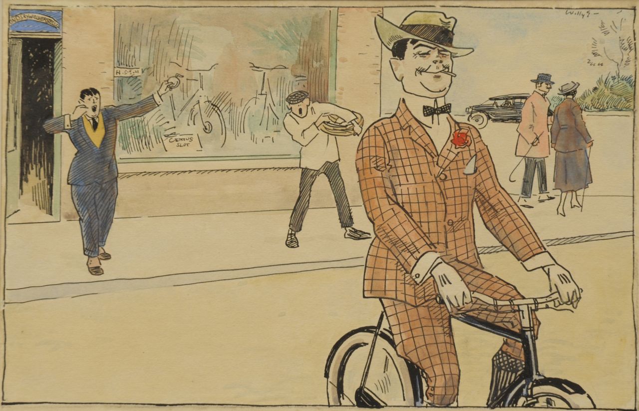 Sluiter J.W.  | Jan Willem 'Willy' Sluiter, The bicycle thief, Tinte und Aquarell auf Papier 17,3 x 27,5 cm, signed u.r.