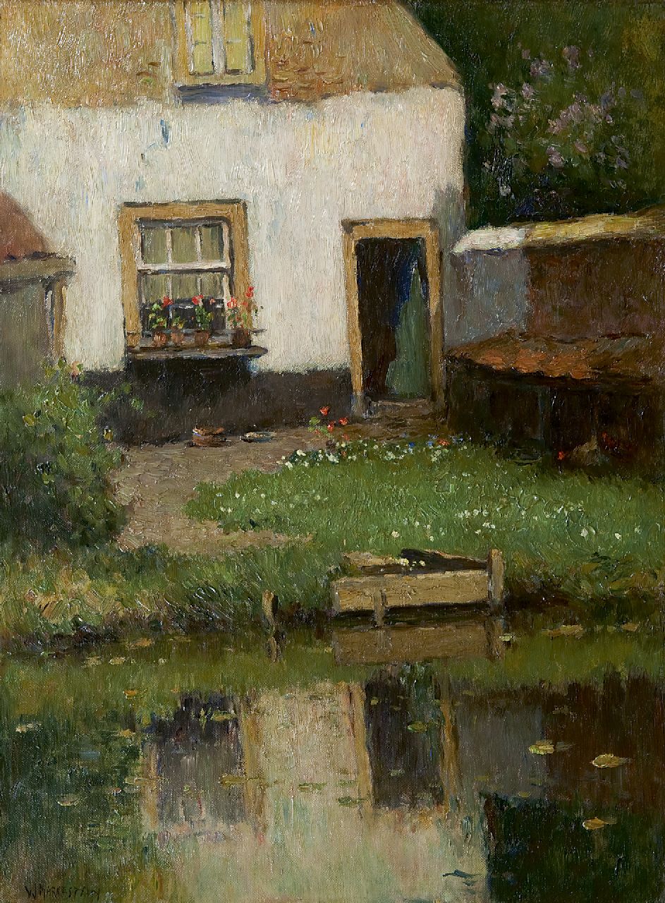 Knikker A.  | Aris Knikker, A sunny garden near the water, Öl auf Leinwand 40,1 x 30,1 cm, signed l.l. 'W. Markestein' (pseudonym)