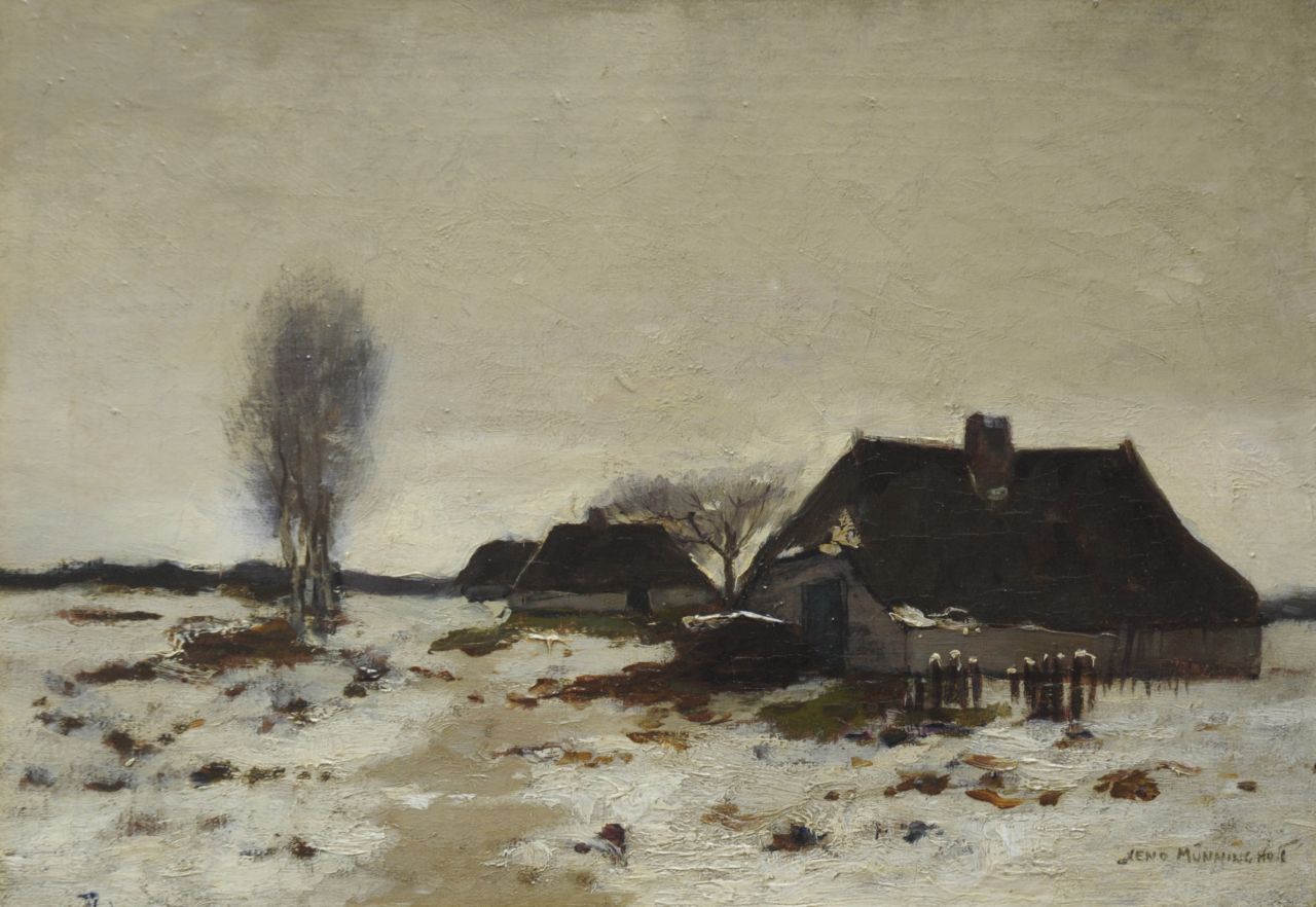 Münninghoff X.A.F.L.  | 'Xeno' Augustus Franciscus Ludovicus Münninghoff, Farmhouses in a snowy landscape, Öl auf Leinwand 25,6 x 36,3 cm, signed l.r.