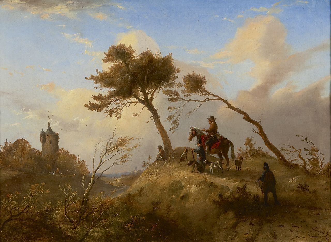 Tavenraat J.  | Johannes Tavenraat, Hunting party in a hilly landscape, Öl auf Leinwand 42,5 x 57,5 cm, signed l.r. und dated 1845
