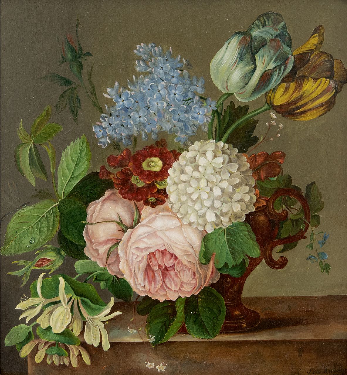 Johan van Hulstijn | Blumenstilleben mit Rosen, Tulpen, Primeln und anderen Blumen, Öl auf Holz, 29,3 x 26,9 cm, Unterzeichnet r.u.