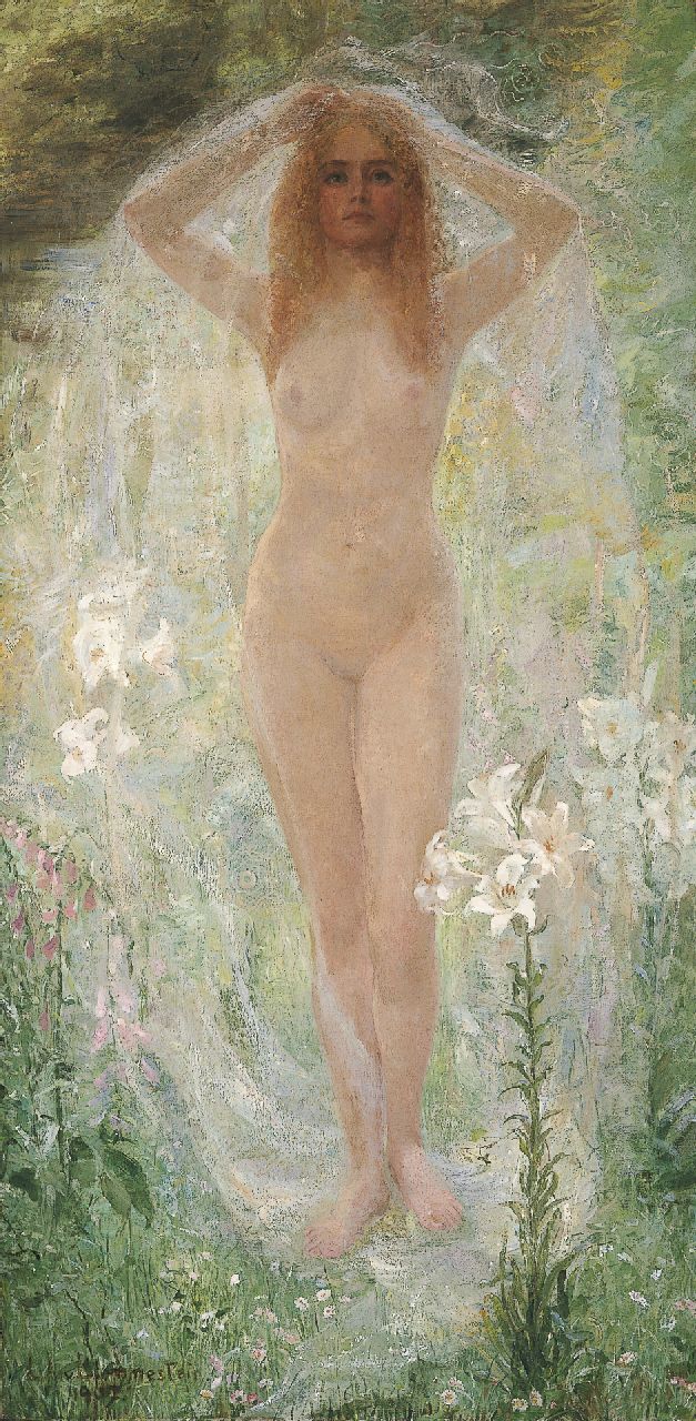 Blommestein L.A.A. van | Louise Alice Andrine van Blommestein, A standing nude surrounded by white lilies, Öl auf Leinwand 160,7 x 80,3 cm, signed l.l. und dated 1907