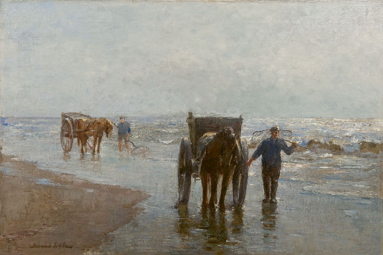 Grobe P.G.  | Philipp 'German' Grobe, Krabbenfischer am Strand von Scheveningen, Öl auf Leinwand 50,4 x 74,4 cm, Unterzeichnet l.u.