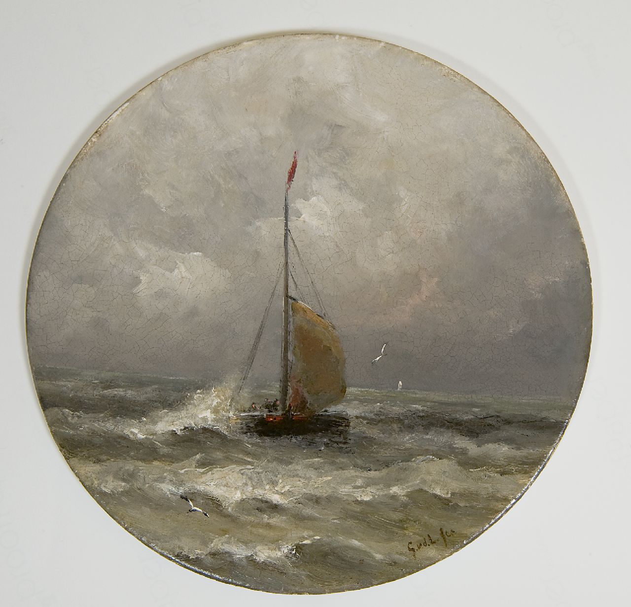 Laan G. van der | Gerard van der Laan, Fishing boat at sea, Öl auf Porzellan 28,3 x 28,3 cm, signed with initials l.r.