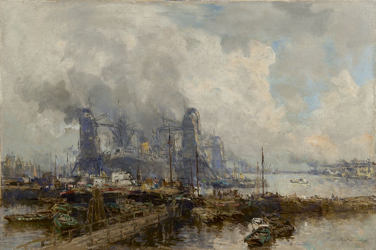 Mastenbroek J.H. van | Johan Hendrik van Mastenbroek, Lighters in the Maashaven, Rotterdam, Öl auf Leinwand 47,4 x 71,2 cm, signed l.r. und dated 1930