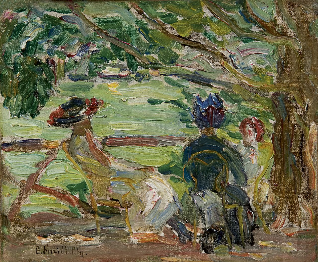 Smidt E.L.  | Emil Leonhard Smidt, Sommernachmittag im Garten, Öl auf Leinwand  auf Holzfaser 15,0 x 18,3 cm, Unterzeichnet l.u.