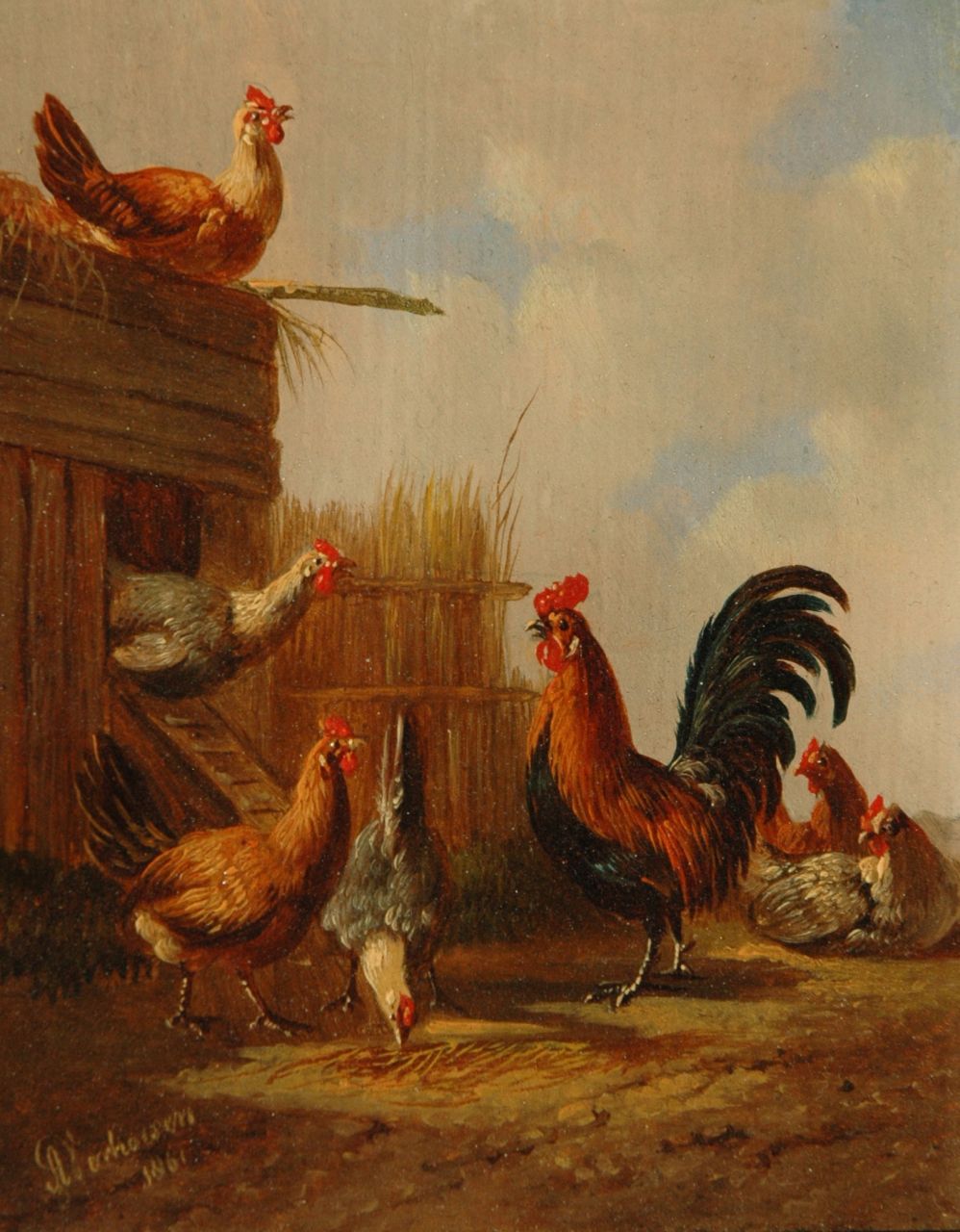 Verhoesen A.  | Albertus Verhoesen, A rooster with his chickens (pendant), Öl auf Holz 12,8 x 10,5 cm, signed l.l. und dated 1861